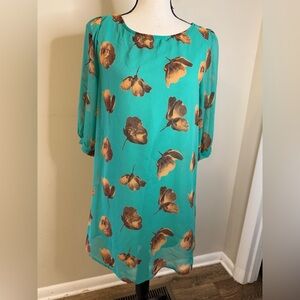 Everly teal midi sheath dress with a tan & brown floral pattern SZ medium